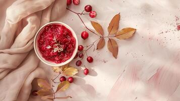 Boho top view Thanksgiving day with small bowl of cranberry sauce and autumn decor photo