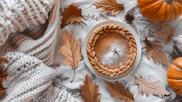 Boho top view Thanksgiving day with brown pumpkin pie and leaves photo