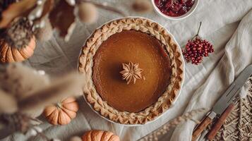 Boho top view Thanksgiving day with brown pumpkin pie and leaves photo