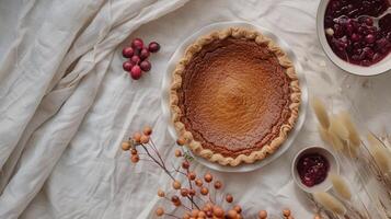 Boho top view Thanksgiving day with brown pumpkin pie and leaves photo
