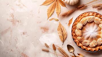 Boho top view Thanksgiving day with brown pumpkin pie and leaves photo