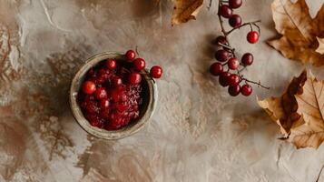 Boho top view Thanksgiving day with small bowl of cranberry sauce and autumn decor photo