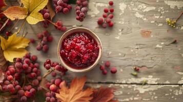 Boho top view Thanksgiving day with small bowl of cranberry sauce and autumn decor photo