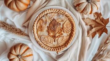 Boho top view Thanksgiving day with brown pumpkin pie and leaves photo