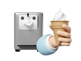 Ice cream cone making machine with hand holding waffle cone isolated. 3d render illustration png