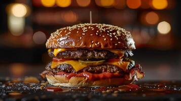 Big hamburger fast food, located on the center, culinary photography photo