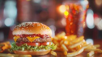 Big hamburger fast food, located on the center, culinary photography photo