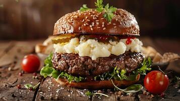 Big hamburger fast food, located on the center, culinary photography photo