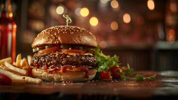 Big hamburger fast food, located on the center, culinary photography photo