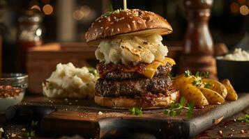 Big hamburger fast food, located on the center, culinary photography photo