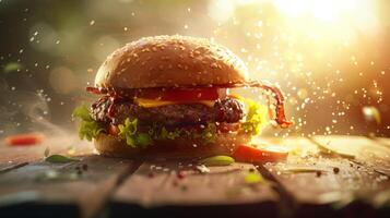 Big hamburger fast food, located on the center, culinary photography photo
