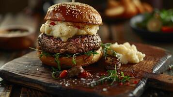Big hamburger fast food, located on the center, culinary photography photo