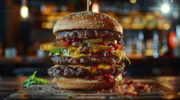 Big hamburger fast food, located on the center, culinary photography photo