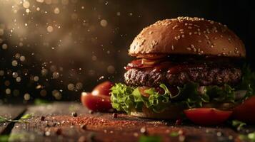 Big hamburger fast food, located on the center, culinary photography photo