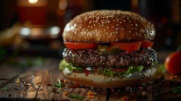 Big hamburger fast food, located on the center, culinary photography photo
