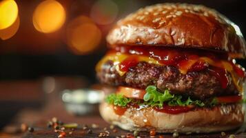 Big hamburger fast food, located on the center, culinary photography photo