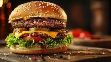 Big hamburger fast food, located on the center, culinary photography photo
