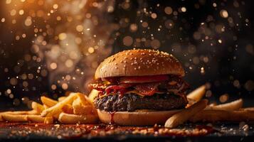 Big hamburger fast food, located on the center, culinary photography photo