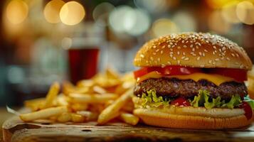 Big hamburger fast food, located on the center, culinary photography photo