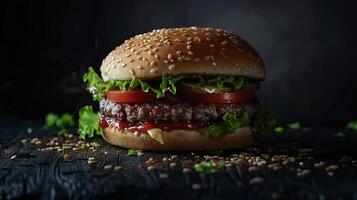 Big hamburger fast food, located on the center, culinary photography photo