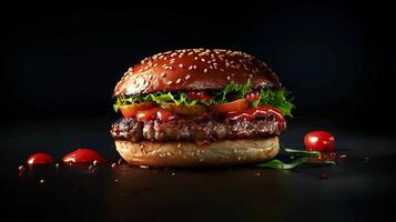 Big hamburger fast food, located on the center, culinary photography photo