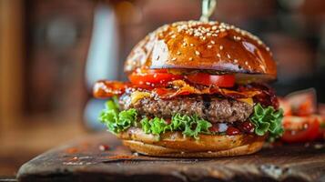 Big hamburger fast food, located on the center, culinary photography photo