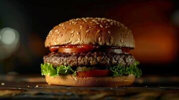 Big hamburger fast food, located on the center, culinary photography photo