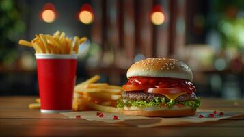 Big hamburger fast food, located on the center, culinary photography photo