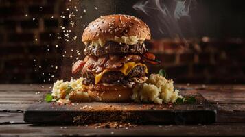 Big hamburger fast food, located on the center, culinary photography photo