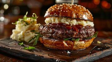 Big hamburger fast food, located on the center, culinary photography photo