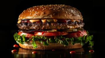 Big hamburger fast food, located on the center, culinary photography photo