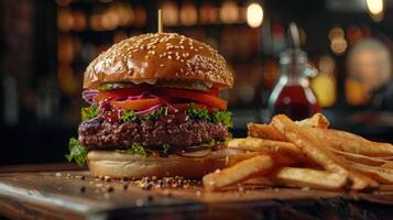 Big hamburger fast food, located on the center, culinary photography photo