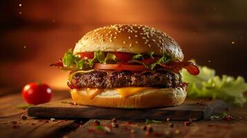 Big hamburger fast food, located on the center, culinary photography photo