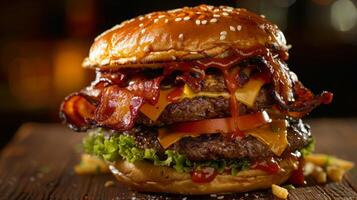 Big hamburger fast food, located on the center, culinary photography photo
