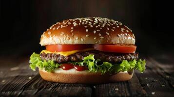 Big hamburger fast food, located on the center, culinary photography photo