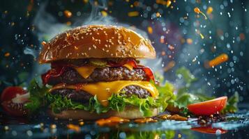 Big hamburger fast food, located on the center, culinary photography photo