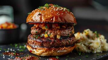 Big hamburger fast food, located on the center, culinary photography photo