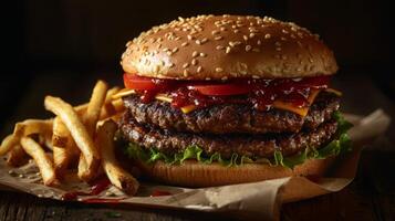 Big hamburger fast food, located on the center, culinary photography photo
