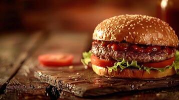 Big hamburger fast food, located on the center, culinary photography photo