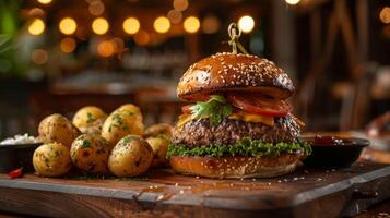 Big hamburger fast food, located on the center, culinary photography photo