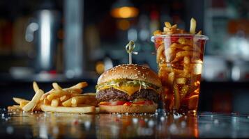 Big hamburger fast food, located on the center, culinary photography photo