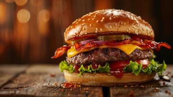 Big hamburger fast food, located on the center, culinary photography photo