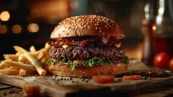 Big hamburger fast food, located on the center, culinary photography photo
