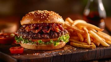 Big hamburger fast food, located on the center, culinary photography photo