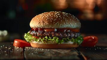 Big hamburger fast food, located on the center, culinary photography photo