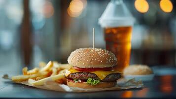 Big hamburger fast food, located on the center, culinary photography photo