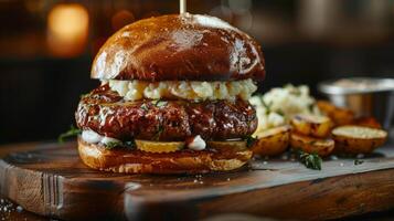 Big hamburger fast food, located on the center, culinary photography photo