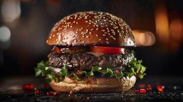 Big hamburger fast food, located on the center, culinary photography photo
