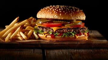 Big hamburger fast food, located on the center, culinary photography photo