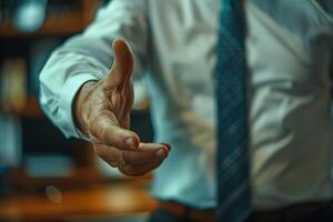 Close up of a mans hand offering a handshake photo